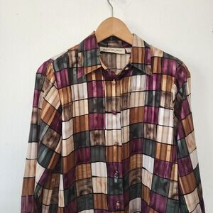 Yves St Clair 80s Colorblock Button Up Long Sleeve Plaid Purple Disco M Sheer